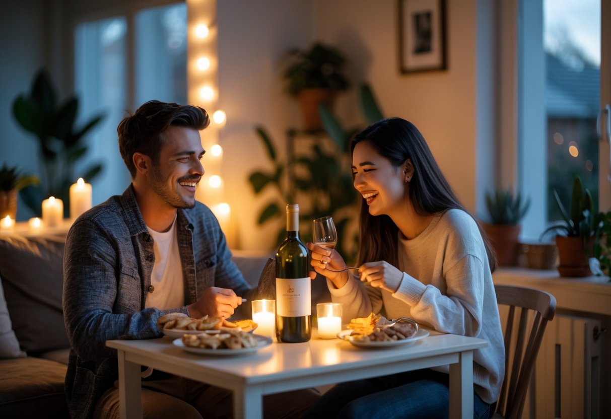 A young couple smiling and enjoying a cozy dinner together at home with candles and simple decorations.