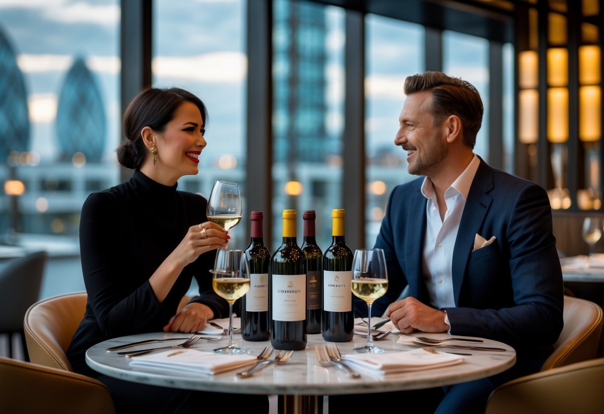 A couple enjoying a wine tasting session at a modern restaurant with a view of Canary Wharf skyline.