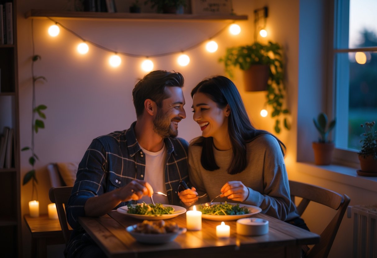 A couple sharing a cozy, candlelit dinner at home, smiling and enjoying a simple date night together.