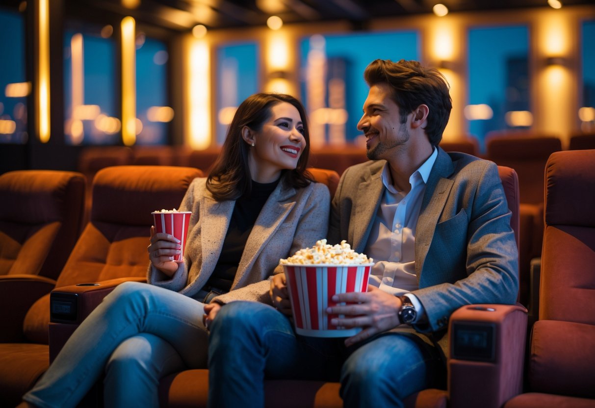 A young couple enjoying a movie together inside a cozy cinema with city skyline visible through windows.