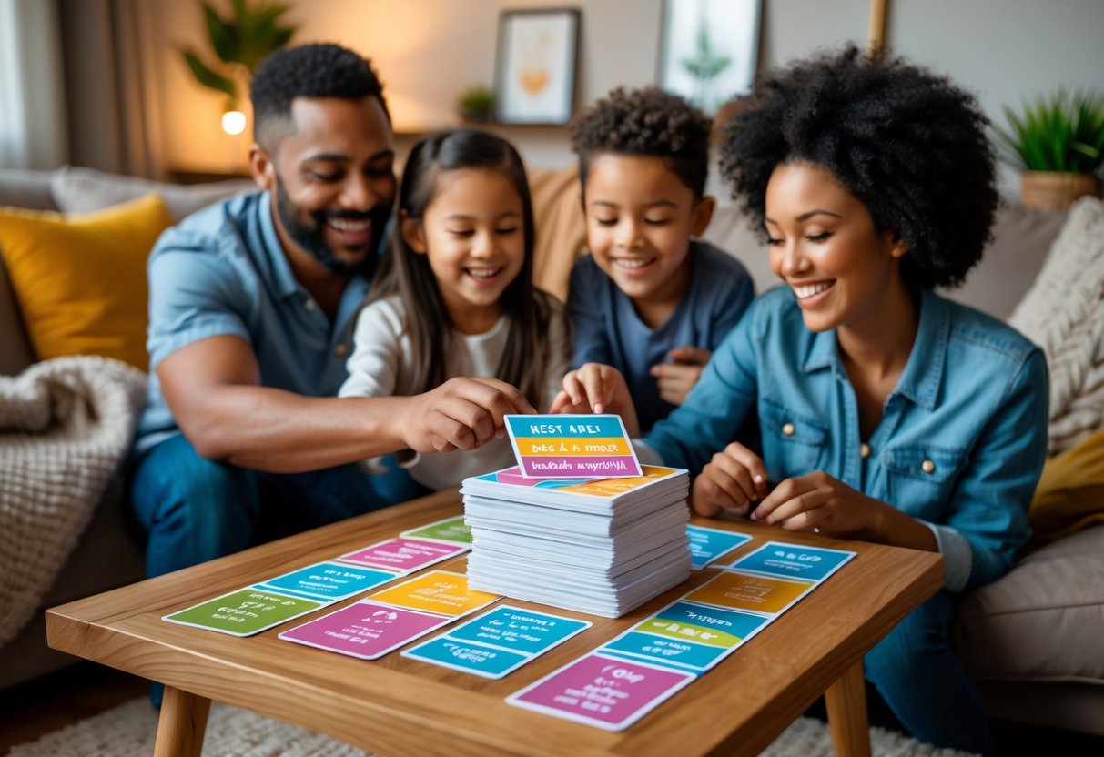 A family of four sitting around a coffee table playing with colorful date idea cards in a cozy living room.