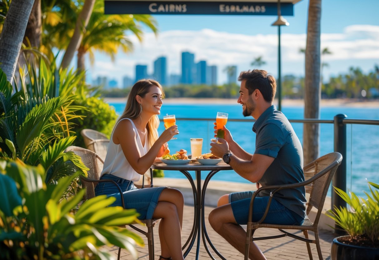 A young couple sitting at an outdoor café near the water, surrounded by tropical plants and palm trees, enjoying a meal together with a city skyline in the background.