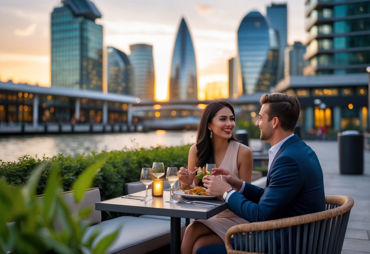 A couple sitting at an outdoor table by the waterfront in Canary Wharf, surrounded by modern skyscrapers, enjoying a romantic moment together.