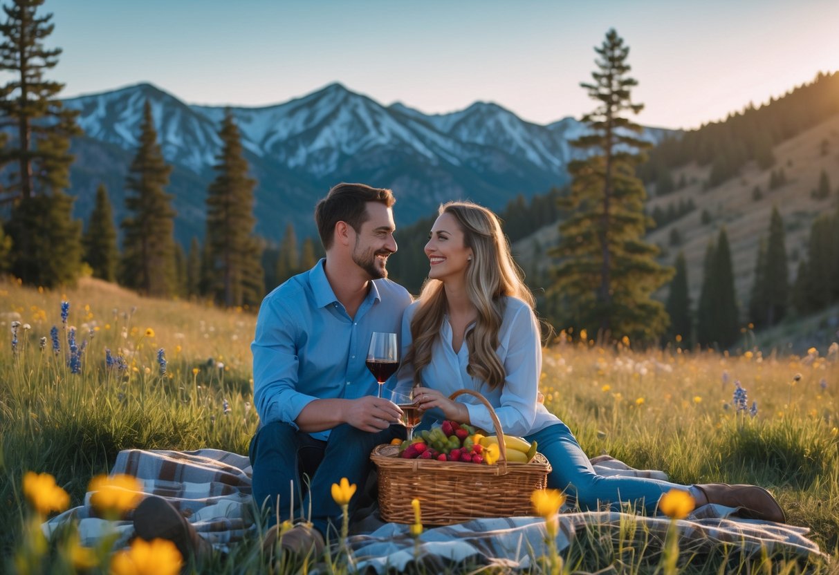 A couple sitting on a picnic blanket in a mountain meadow surrounded by wildflowers and pine trees with snow-capped mountains in the background.