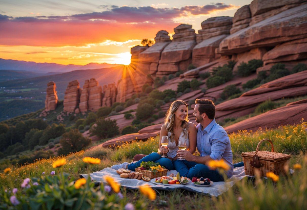A couple having a sunset picnic on a blanket at Red Rocks Amphitheatre surrounded by red rock formations and colorful sky.
