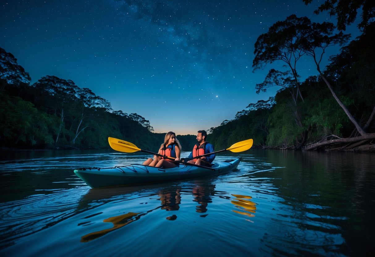 A couple kayaking together on a calm river at night surrounded by tropical rainforest under a starry sky.