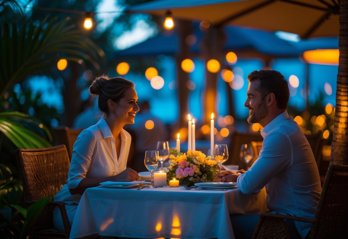 A couple enjoying a romantic outdoor dinner at a restaurant surrounded by tropical plants and soft evening lighting.