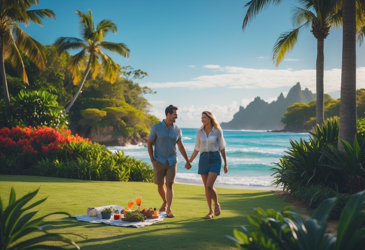A young couple enjoying a romantic outdoor date in a tropical setting with greenery and water in the background.