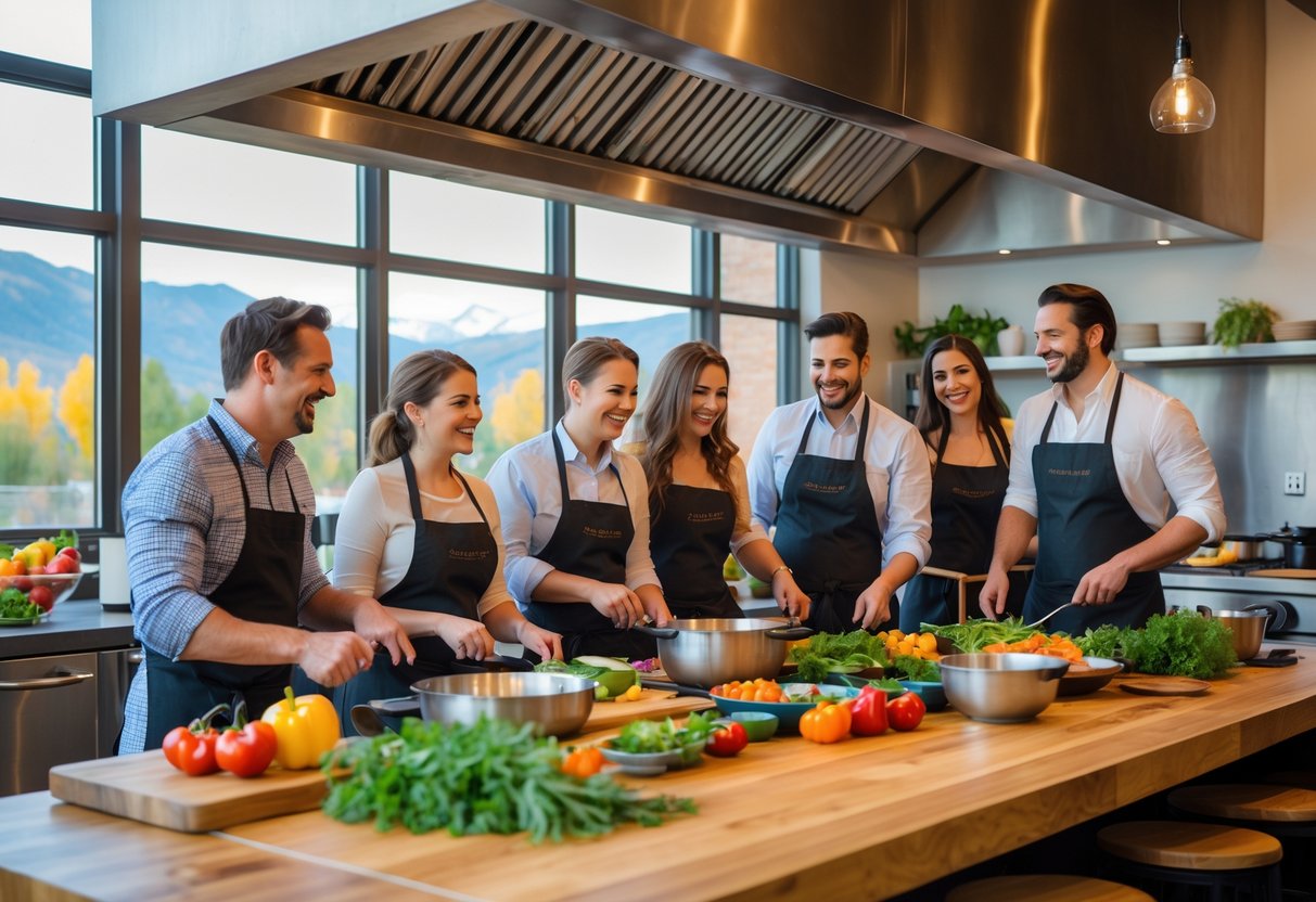 Couples cooking together in a bright kitchen studio with mountain views, preparing food and smiling.