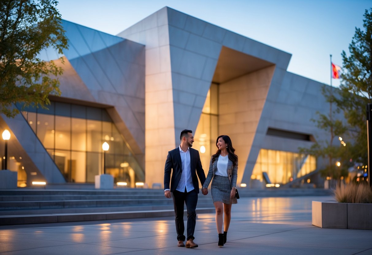 A couple walking hand in hand outside the Denver Art Museum during early evening.