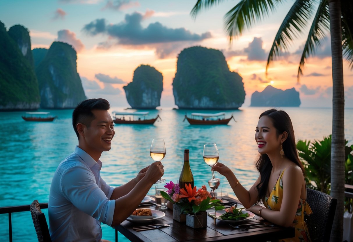 A young couple enjoying a romantic sunset dinner by the seaside with ocean and limestone cliffs in the background.