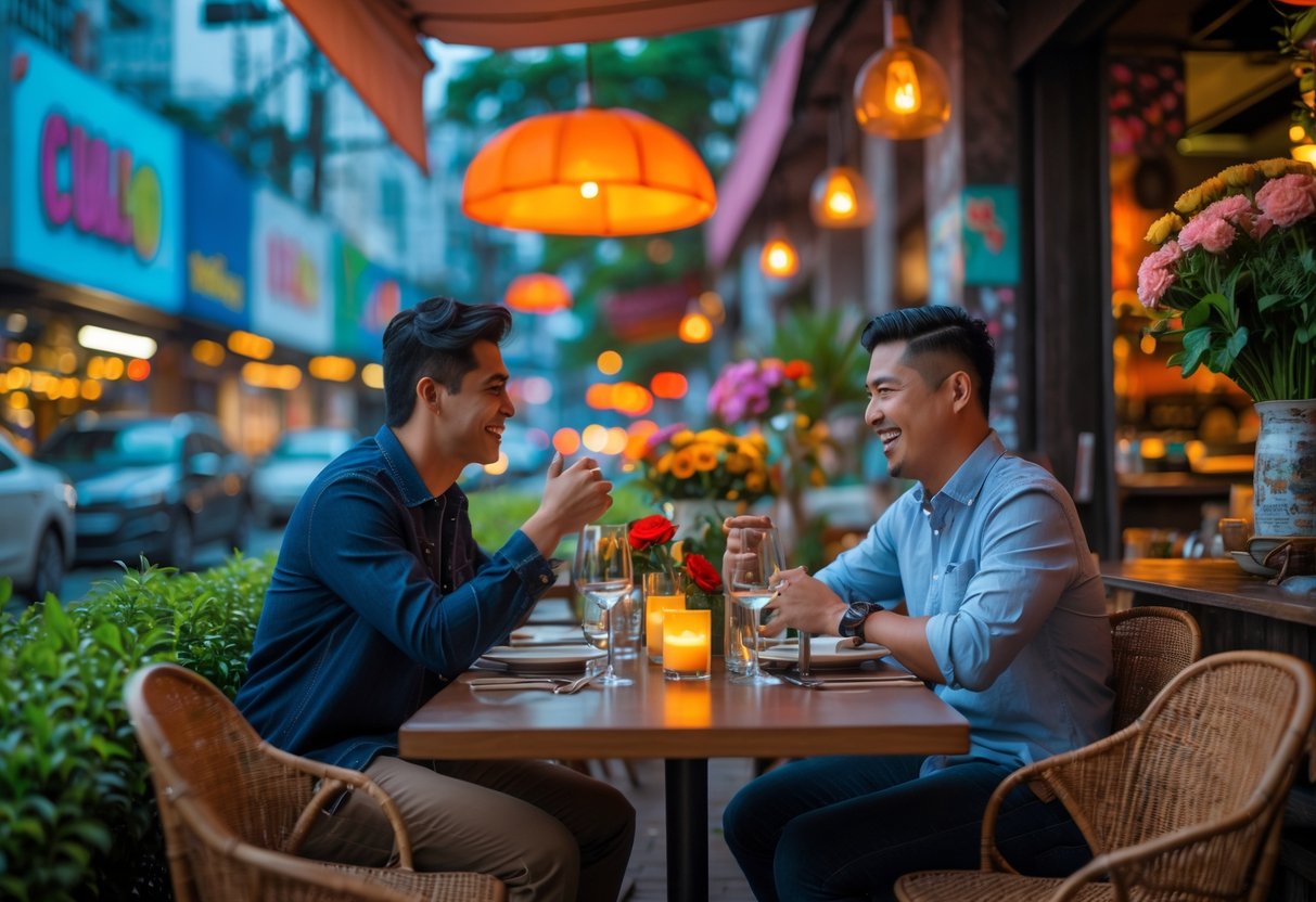 A young couple having a romantic outdoor dinner at a cafe in a lively urban area with colorful street art and market stalls in the background.