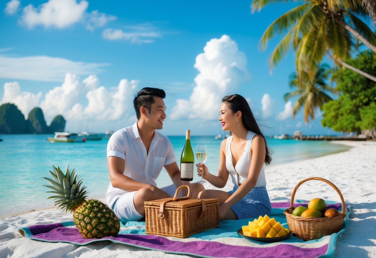 A couple enjoying a picnic on a sandy beach with clear blue water and palm trees at Mactan Island.