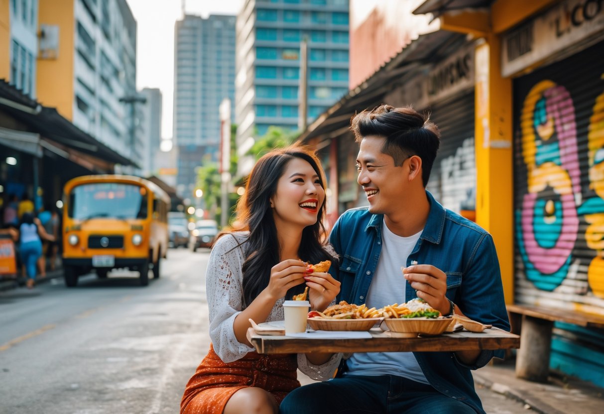 A young couple smiling and enjoying a date together in a busy urban street with colorful buildings and street art.