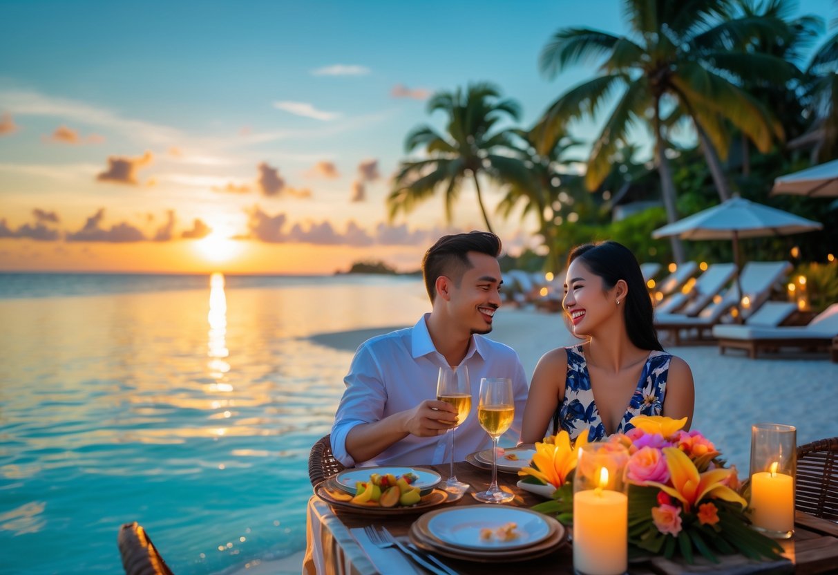 A couple enjoying a romantic sunset dinner by the beach at a tropical island resort with palm trees and calm ocean in the background.