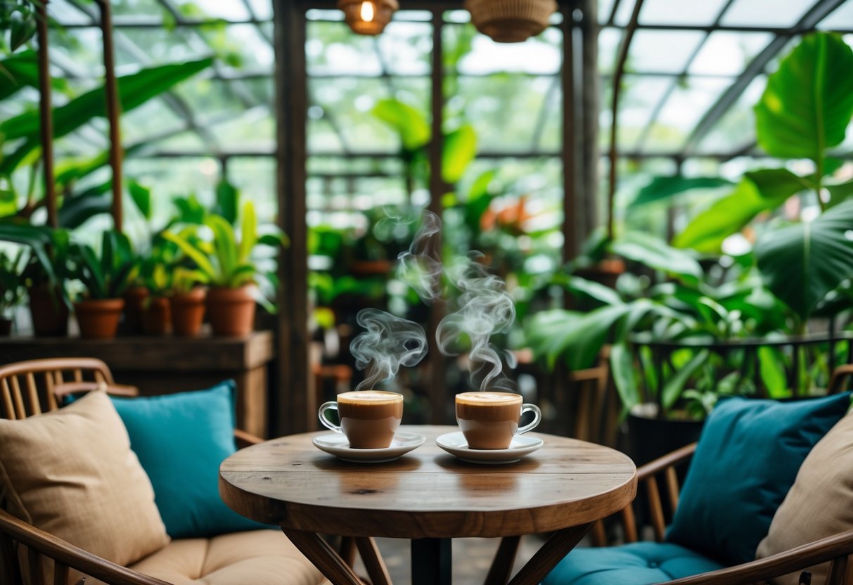 Two cups of coffee on a wooden table surrounded by green plants inside a bright greenhouse cafe.