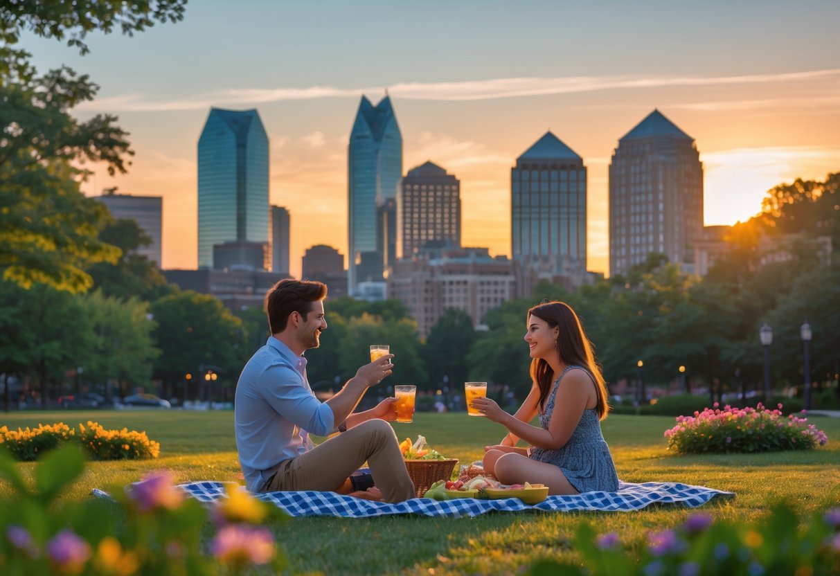 A young couple having a picnic at a park with the Charlotte city skyline in the background during sunset.