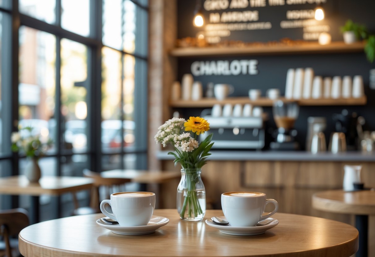 A cozy coffee shop table with two cups of coffee, flowers in a vase, and soft natural light coming through large windows.