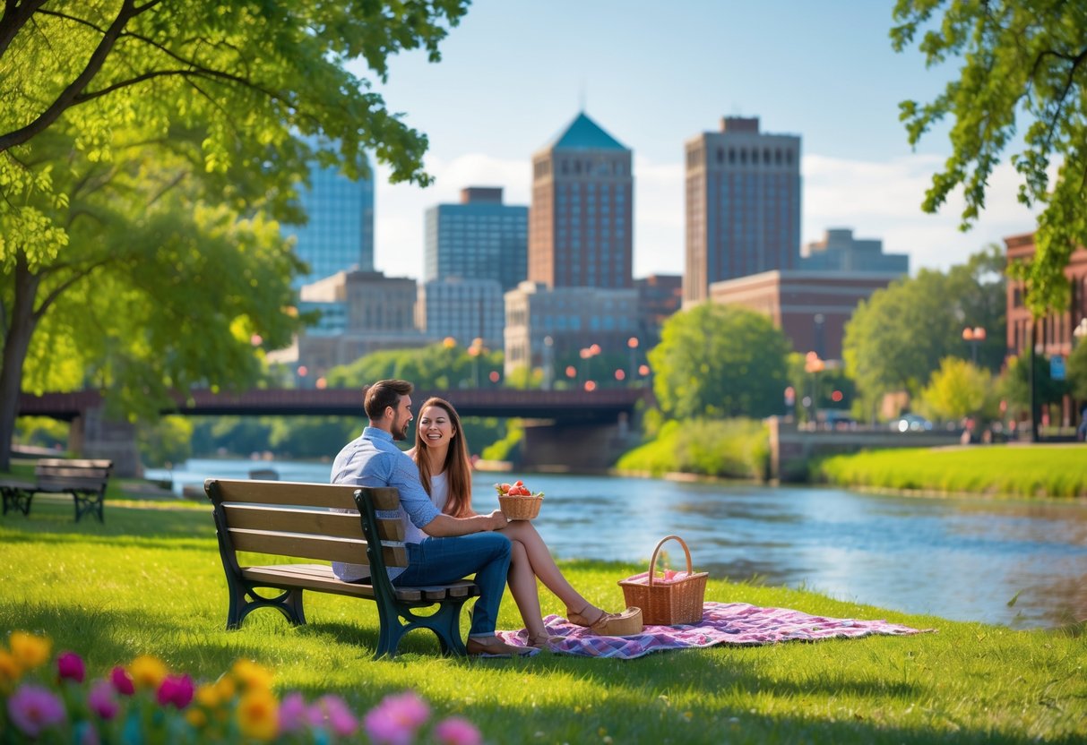 A young couple enjoying a picnic by the river in a park with trees and city buildings in the background.