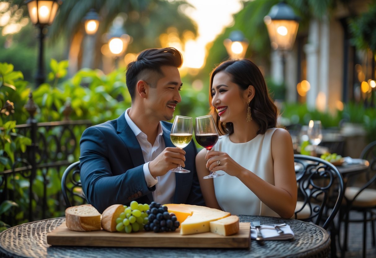 A couple enjoying a wine tasting at an outdoor table with wine glasses and a cheese board, surrounded by greenery and warm lighting.