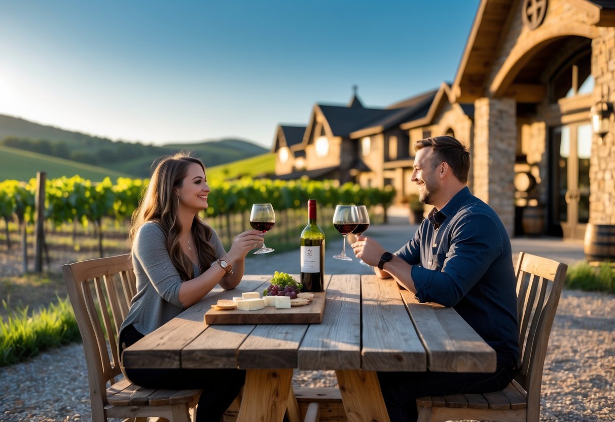 A couple enjoying wine tasting outdoors at a vineyard with green vines and a winery building in the background.