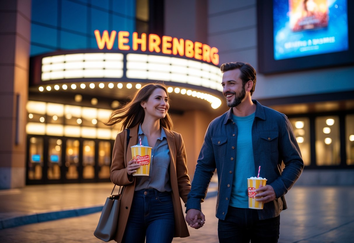 A young couple smiling and holding hands outside a movie theater at night, carrying popcorn and drinks.