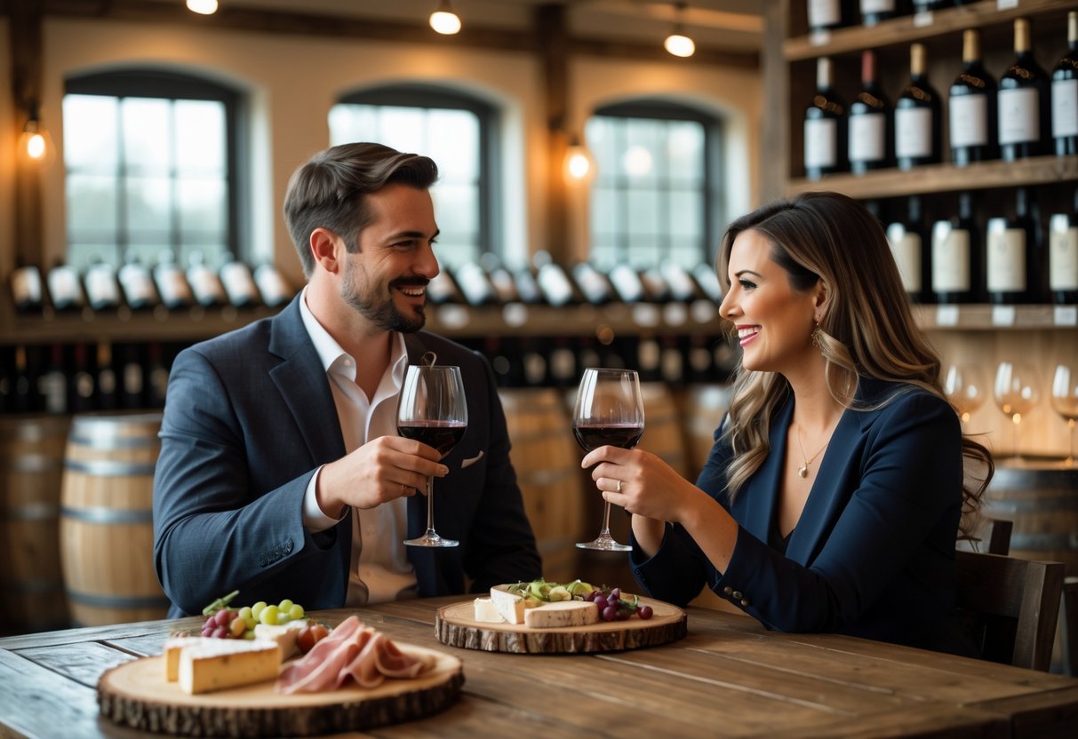 A couple enjoying wine tasting together at a winery table with wine glasses and cheese plates.