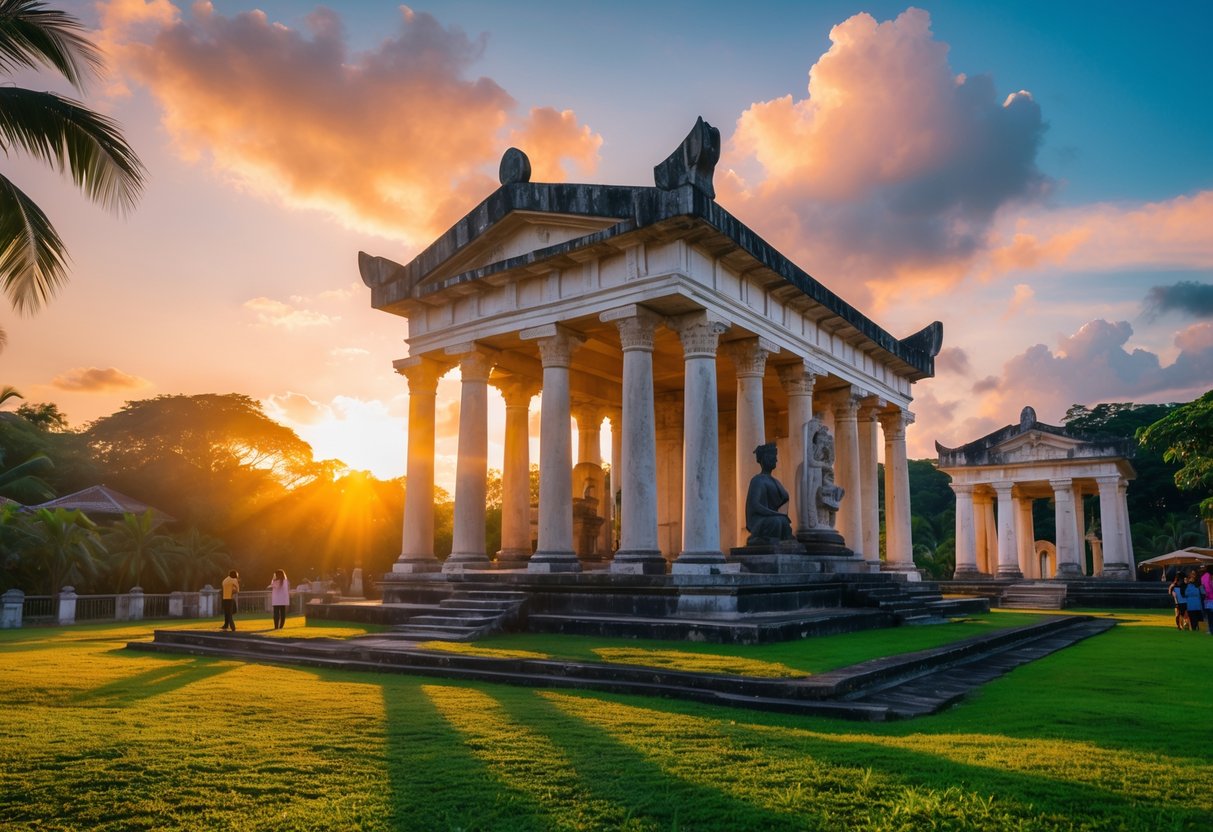 Sunrise at the Temple of Leah in Cebu with warm sunlight illuminating stone columns and statues surrounded by greenery.