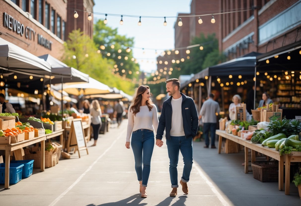 A couple walking hand in hand through a busy outdoor market with stalls and people shopping.