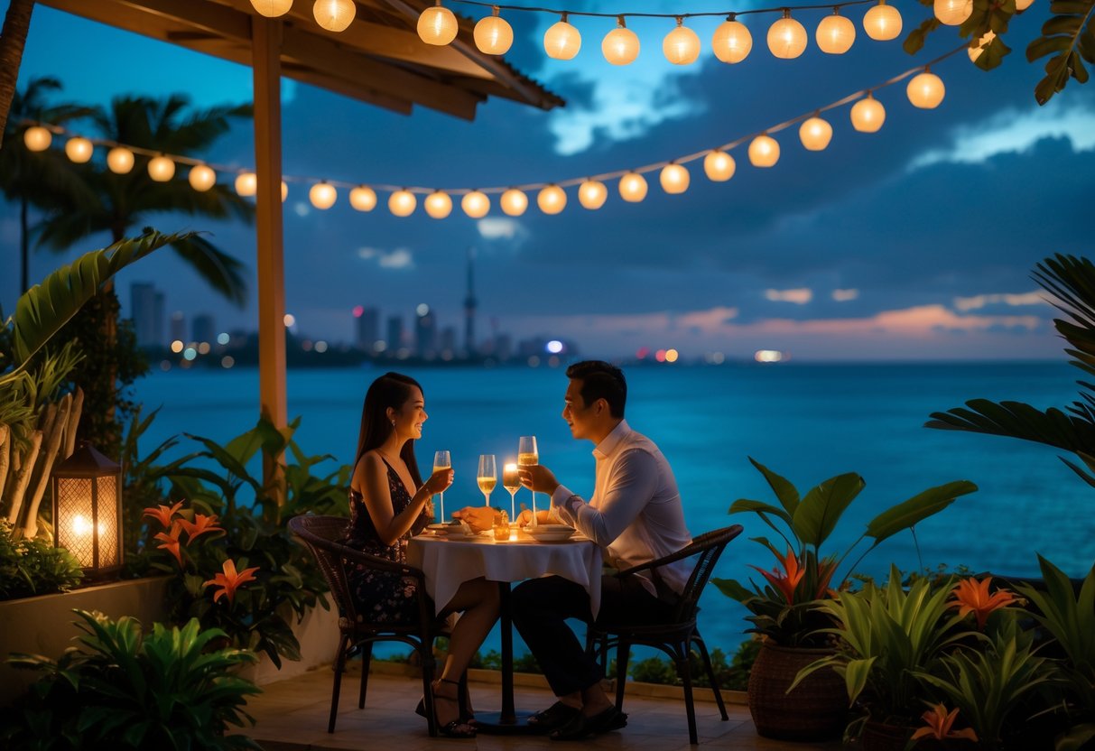 A couple enjoying a candlelit dinner outdoors at dusk with tropical plants and a city skyline in the background.