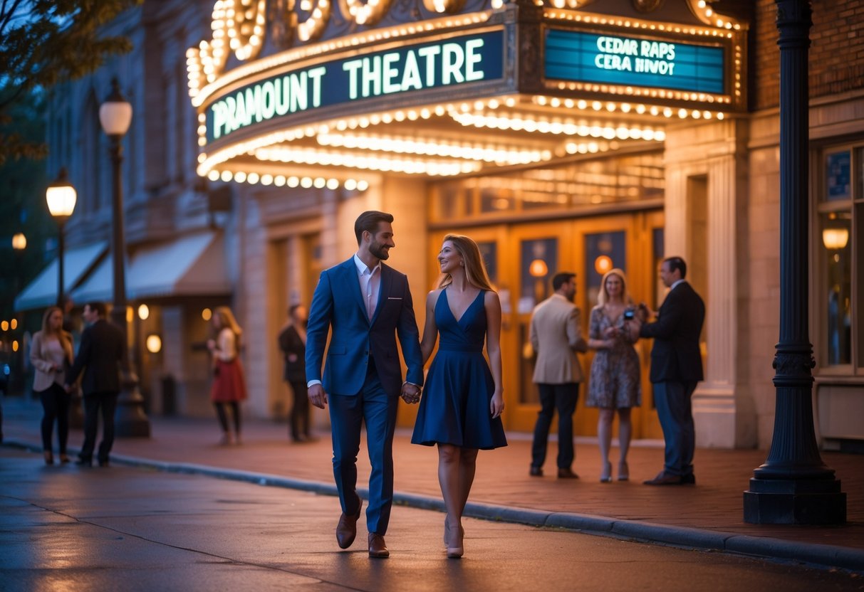 A couple walking hand in hand toward the illuminated entrance of the Paramount Theatre in Cedar Rapids during the evening.