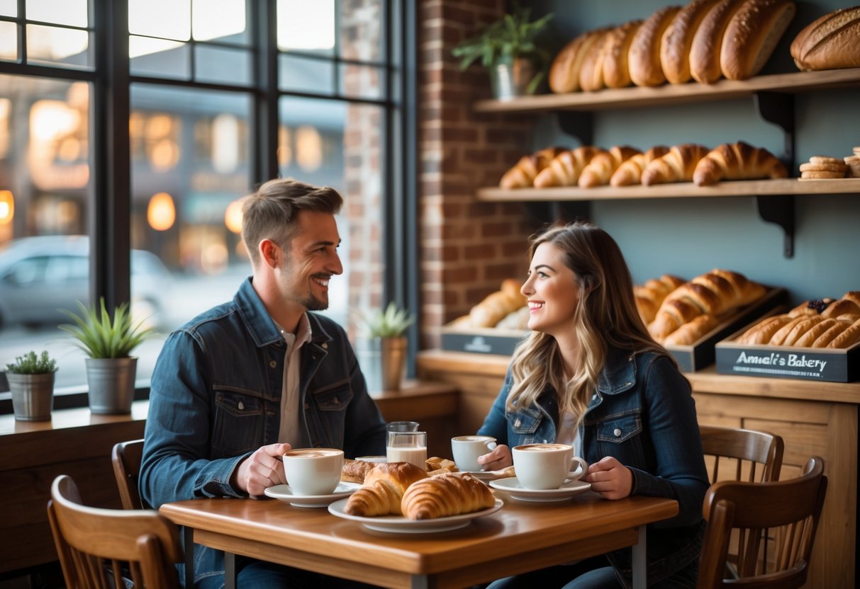 A young couple enjoying breakfast together at a wooden table inside a cozy bakery with pastries and coffee.