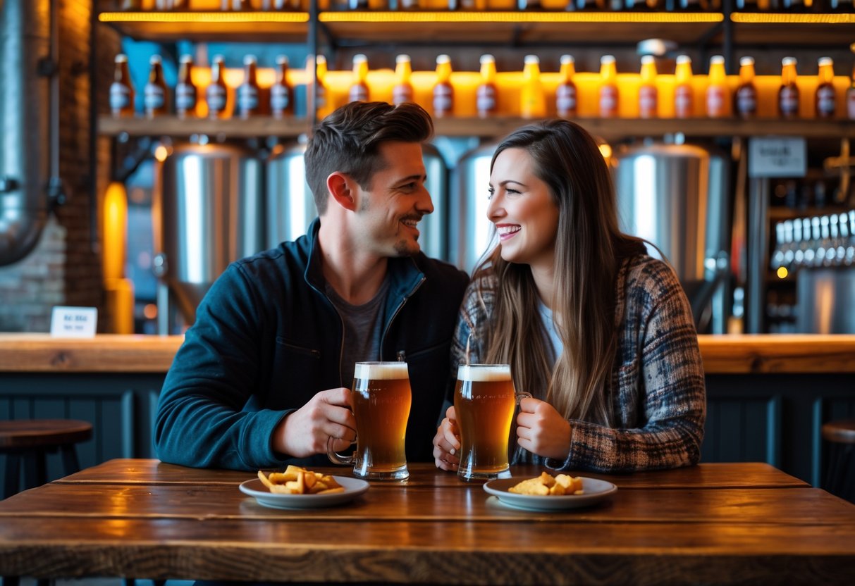 A young couple enjoying craft beers together at a wooden table inside a cozy brewery with warm lighting and brewing equipment in the background.