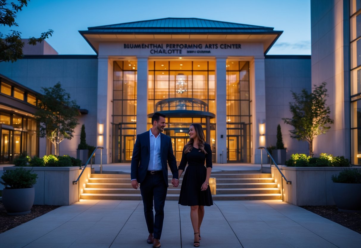 A couple walking hand in hand towards the illuminated Blumenthal Performing Arts Center at dusk.