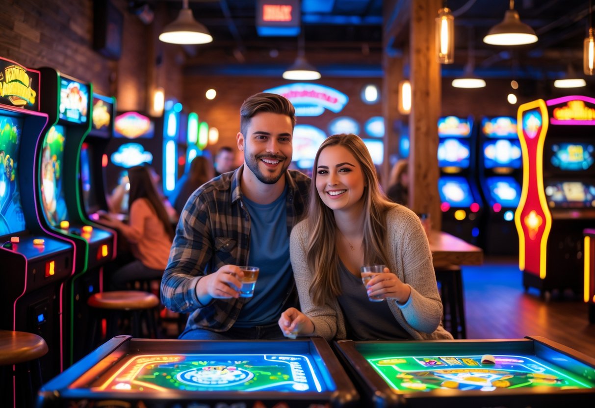 A young couple playing arcade games together inside a lively arcade bar with colorful machines and warm lighting.