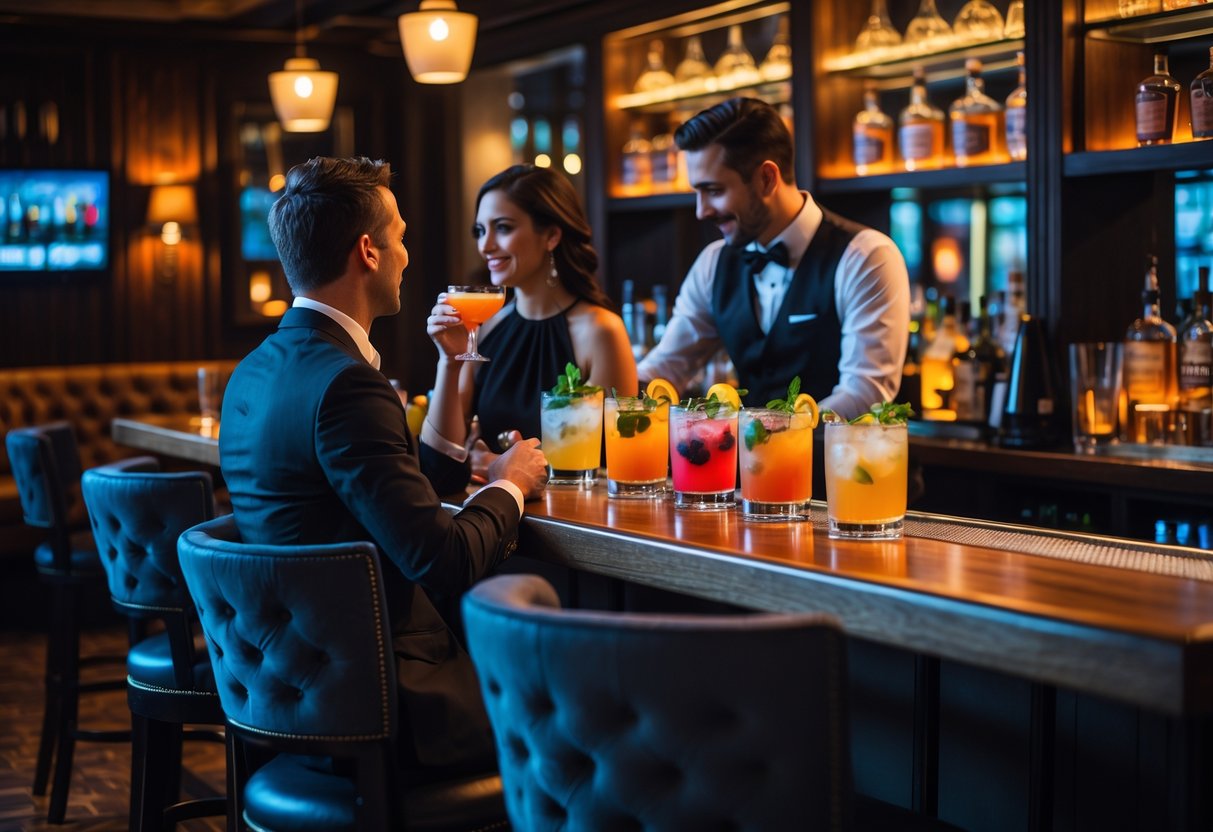 A couple enjoying craft cocktails at a dimly lit bar with a bartender preparing drinks behind the counter.