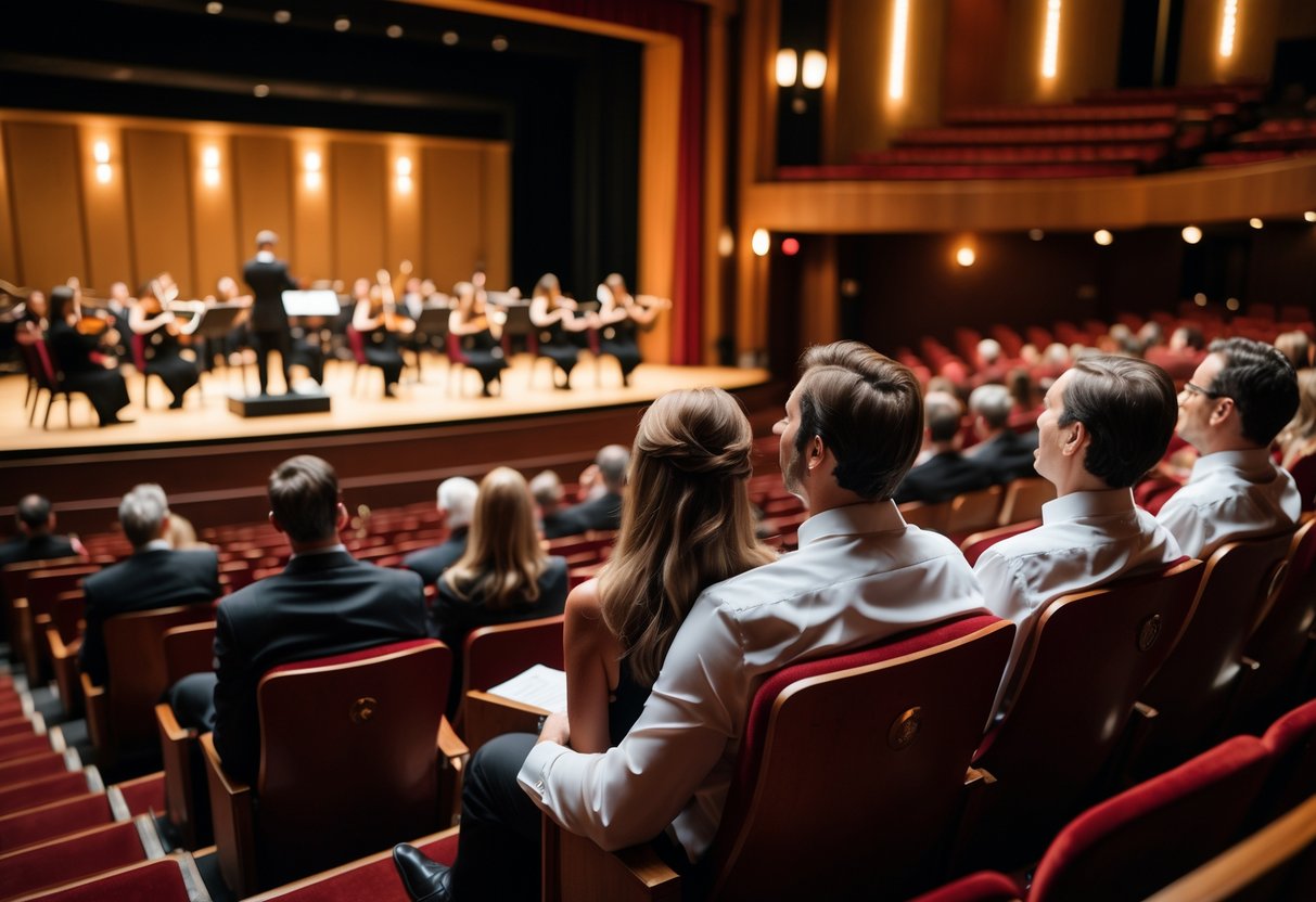 A couple sitting together in an indoor concert hall watching an orchestra perform on stage.