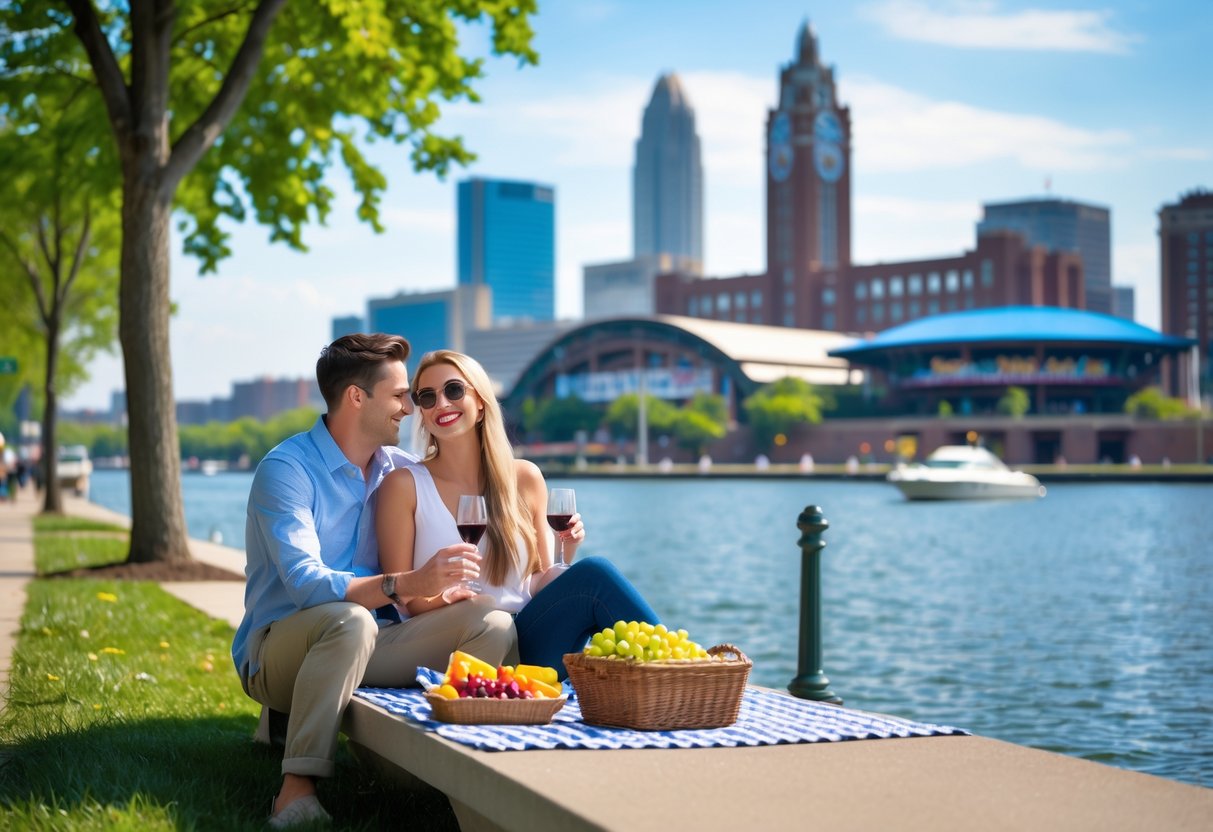 A young couple enjoying a picnic by the waterfront with the Cleveland skyline and Rock and Roll Hall of Fame in the background.