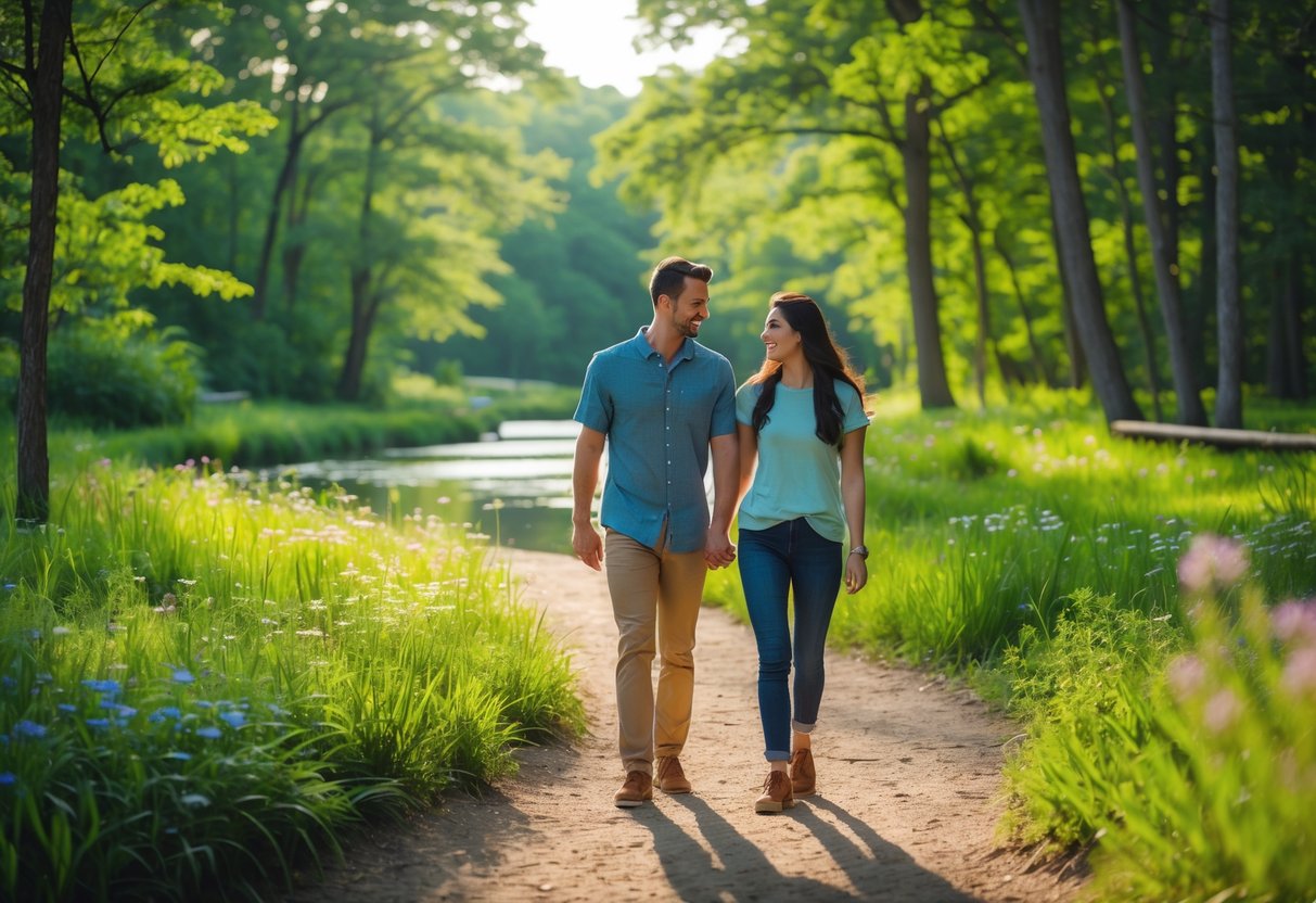 A young couple walking hand-in-hand on a forest trail beside a creek surrounded by green trees and wildflowers.