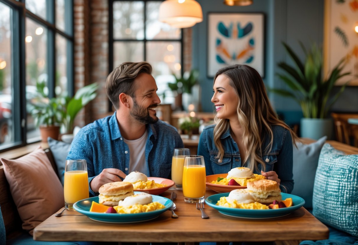A couple enjoying brunch together at a cozy café table with plates of Southern-style food and drinks.