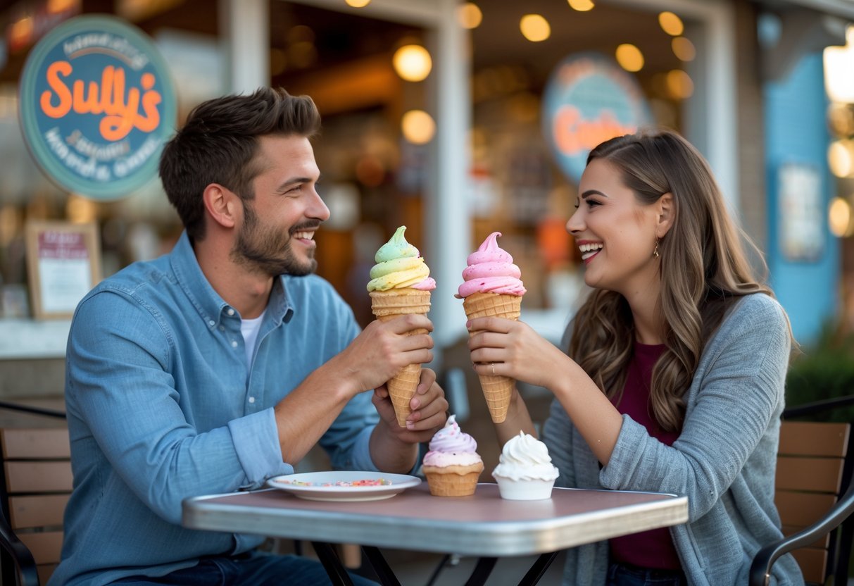 A young couple enjoying ice cream together at an outdoor table in front of an ice cream shop.