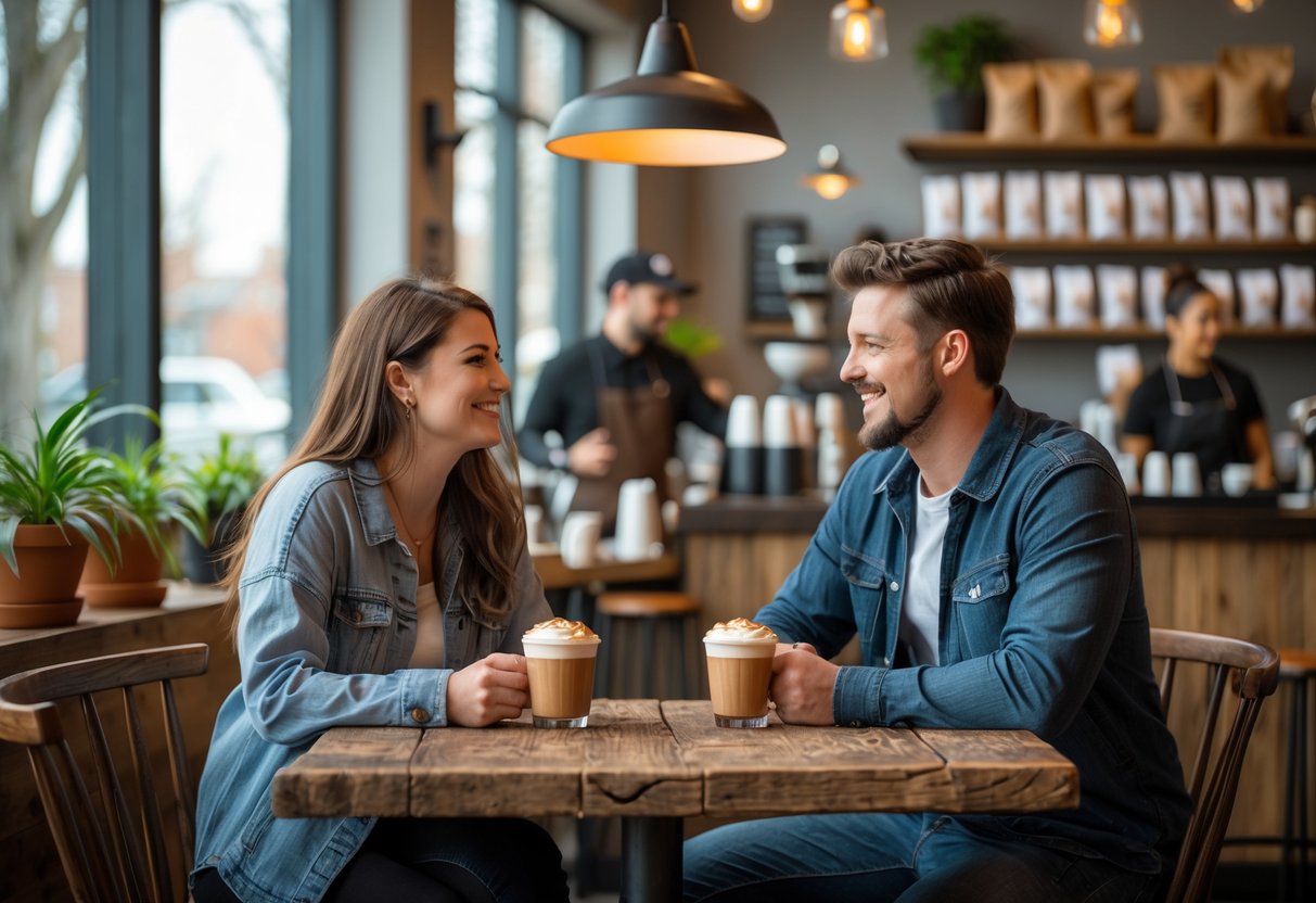 A young couple enjoying coffee together at a cozy café table inside Brewella's in Lakewood.