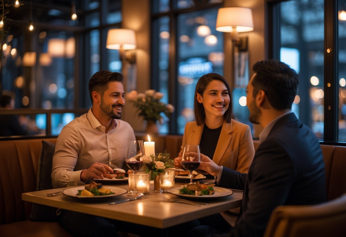 A couple enjoying a romantic dinner together at a cozy restaurant table with plates of food and glasses of wine.