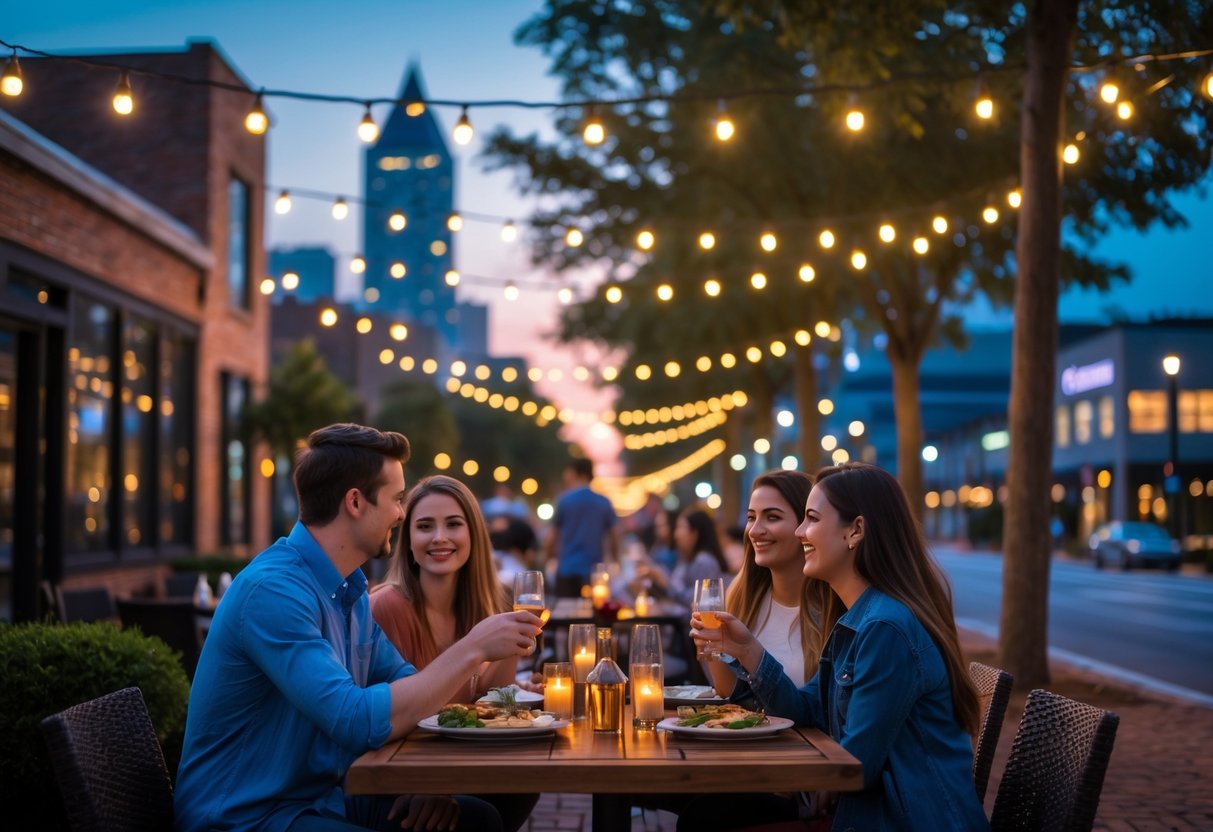 Couples enjoying dinner and walking together in a lively Charlotte city street at twilight.