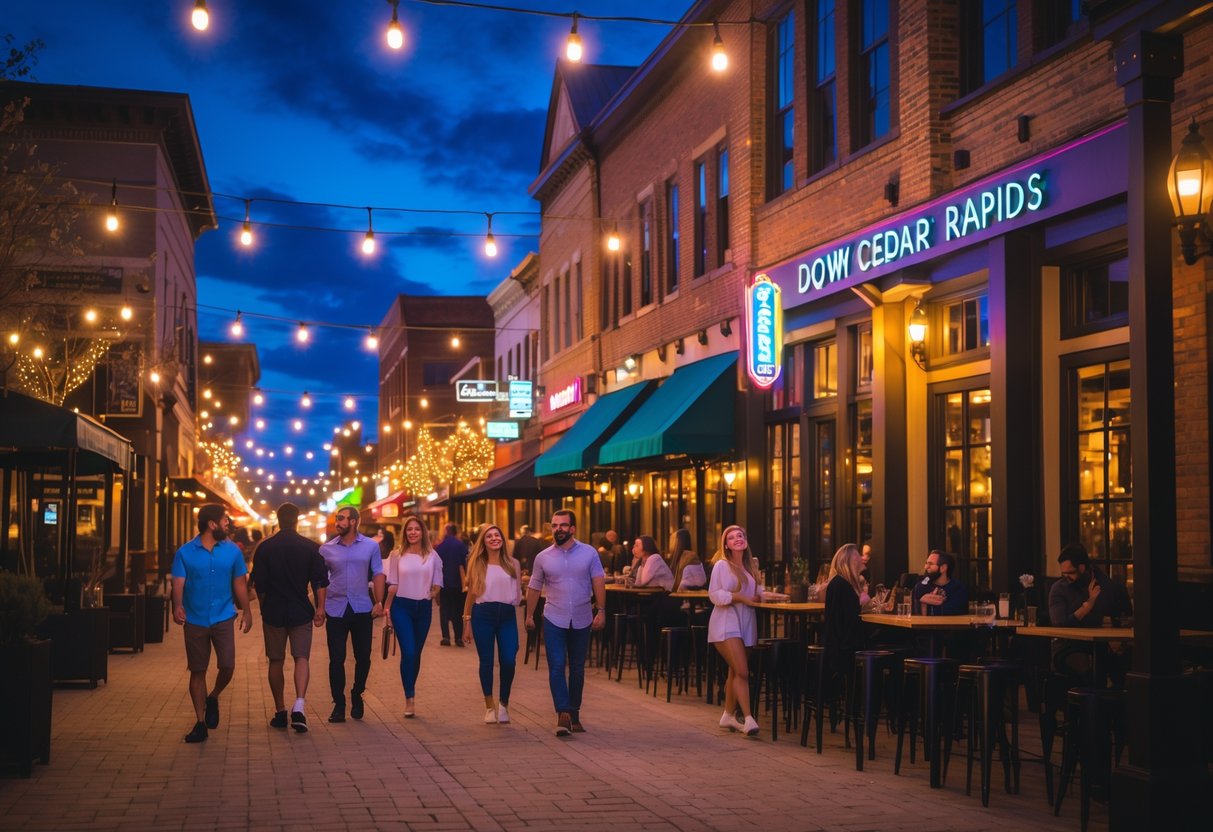 People enjoying a lively downtown street at night with restaurants, bars, and warm streetlights.