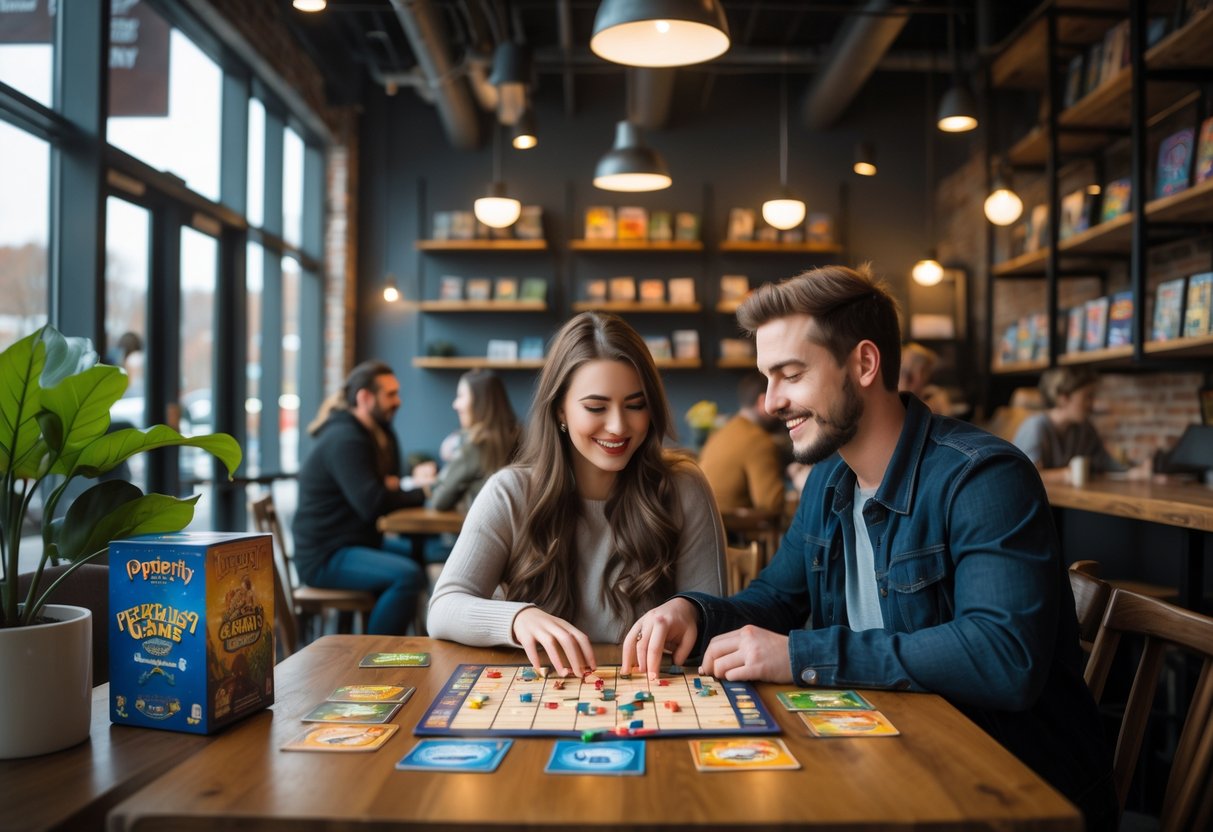 A young couple playing a board game together at a wooden table inside a cozy cafe filled with shelves of board games and warm lighting.