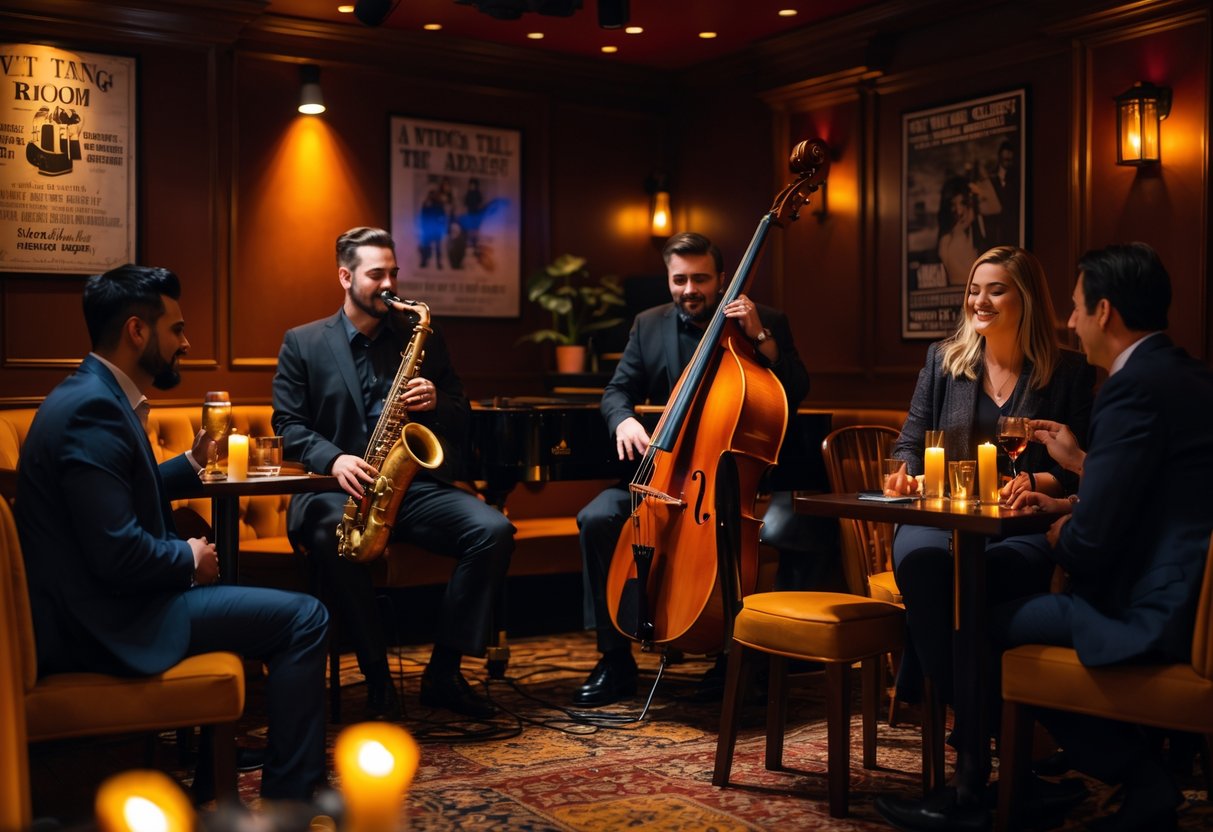 Couples enjoying live jazz music performed by a trio in a dimly lit, cozy jazz club.