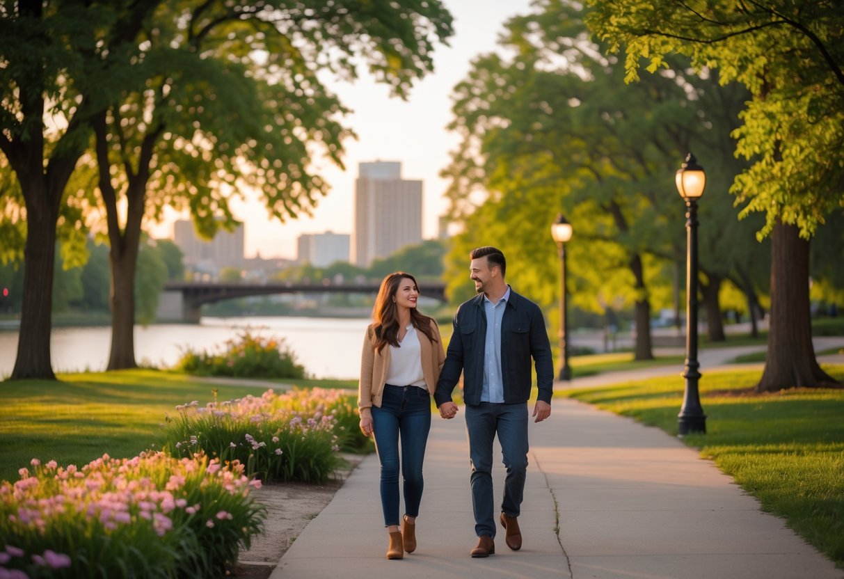 A couple walking hand in hand along a river path in a park with trees and a city skyline in the background.