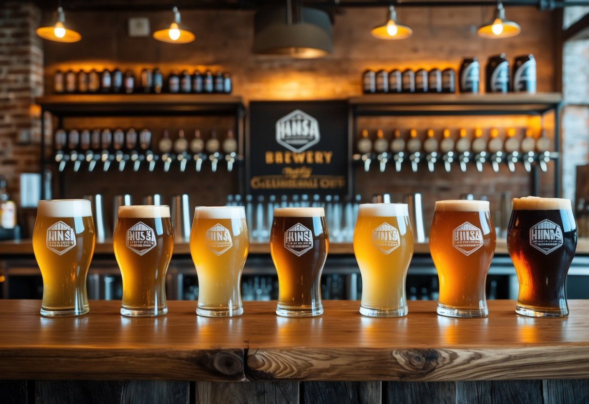 A bar counter with various glasses of craft beer in different colors at a brewery with warm lighting and rustic decor.