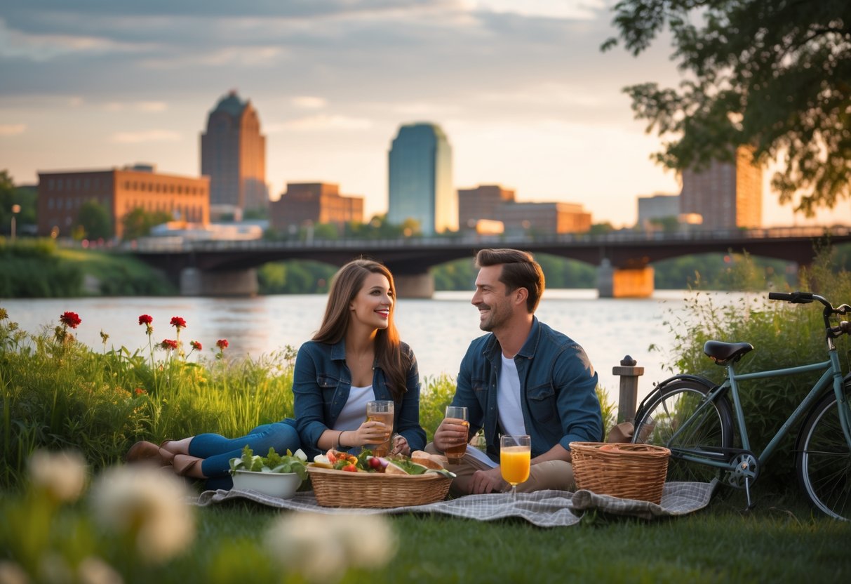 A couple enjoying a picnic by a river with a city skyline in the background during sunset.